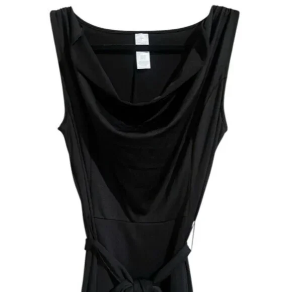 Elegant Sophisticated Sleeveless Black Cowl Neck Midi Dress With Tie Belt Size M - Picture 7 of 13